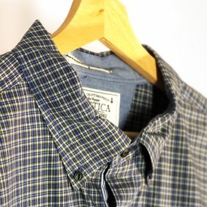 Nautica Men's Yellow and White Plaid Blue Long-Sleeve Button Down Shirt